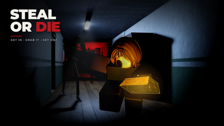 Promo art of a glowing gold bar in a dark hallway with a figure in a red doorway.